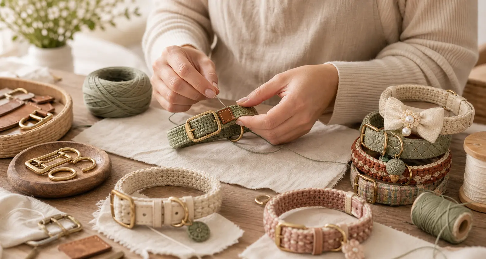 Hands stitching a handmade Pettrove pet collar