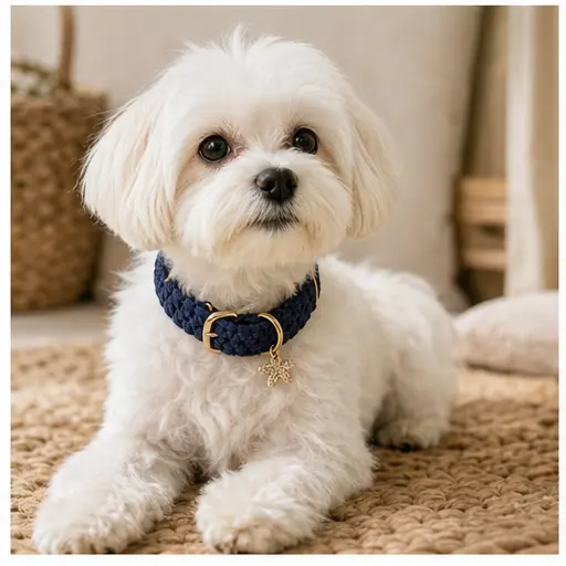 Small dog wearing a navy Pettrove collar